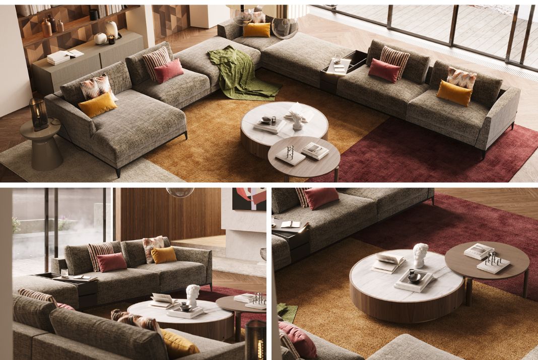 Autumnal Living Room decor featuring a Decker  Sofa, Cap Side Table, and a Gold Coffee Table accented with cosy, warm autumn tones.