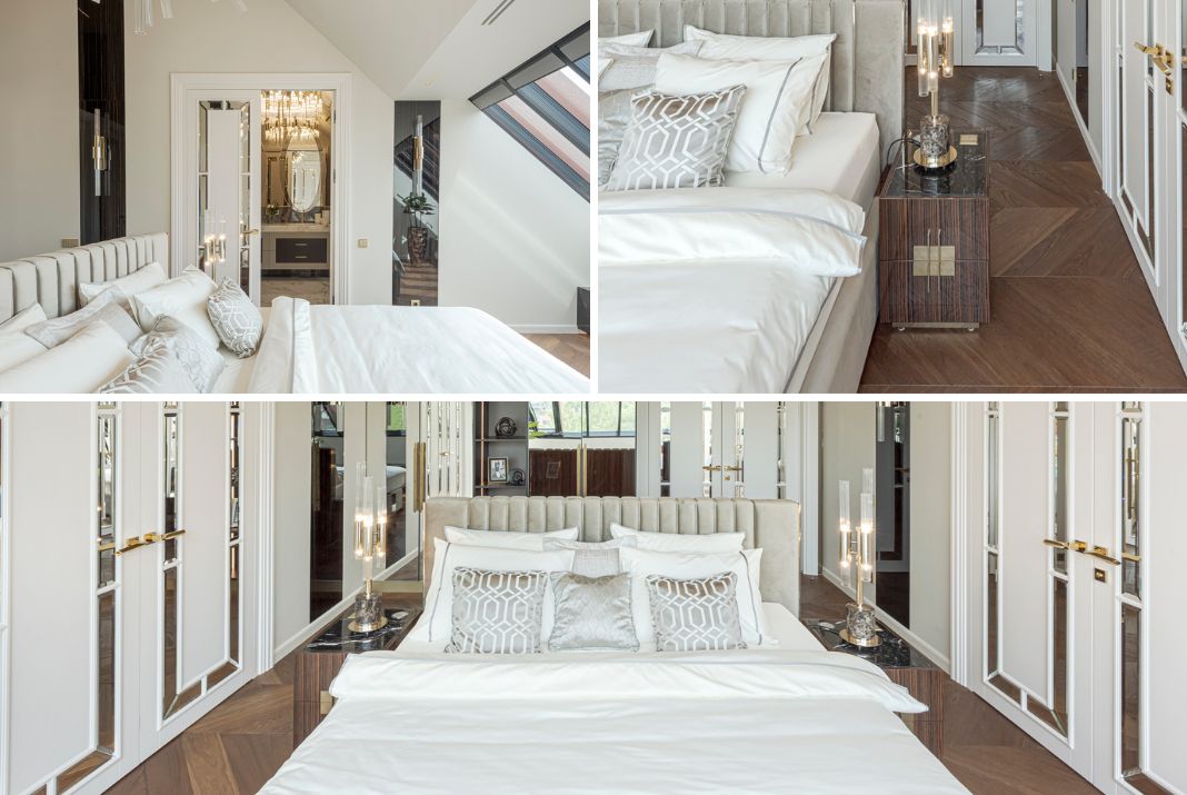 Bedroom of the MS Penthouse feature the Lauren Bed and Lady Bedside Tables, showcasing elegance and timeless design.