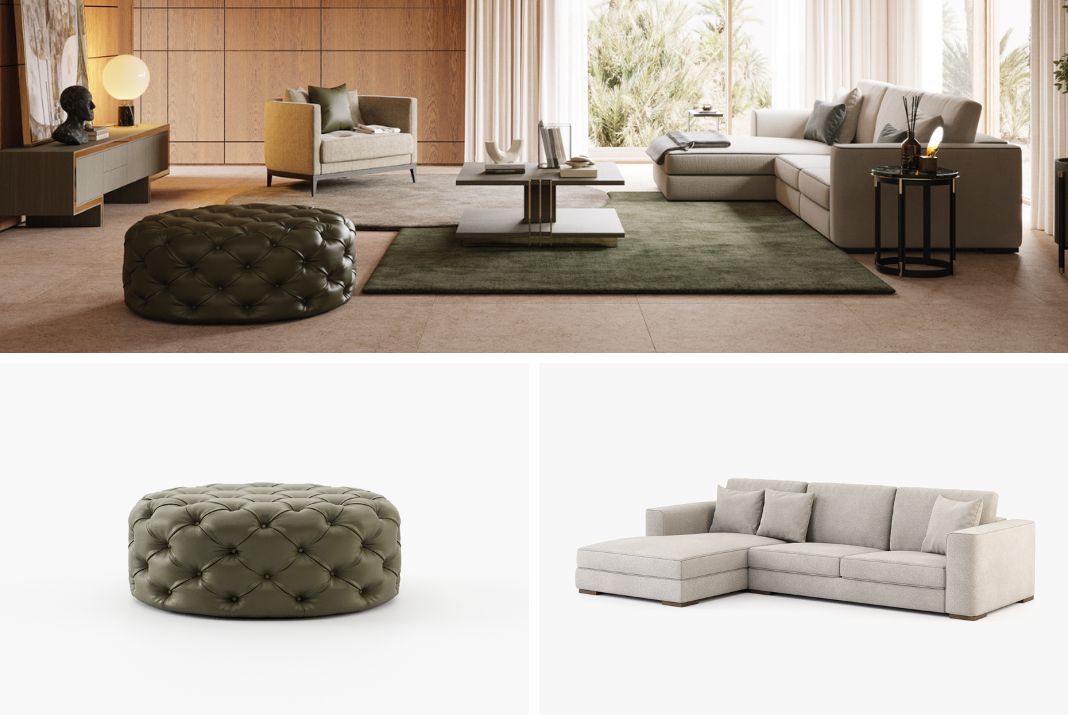 House 2's living room features a stylish decor with a round bur pouf and a grey sofa with chaise longue.