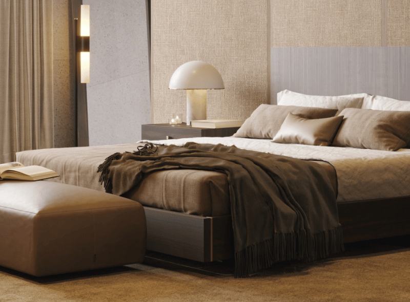dormitorio con cama maia, banco benner y lmpara de mesa franklin